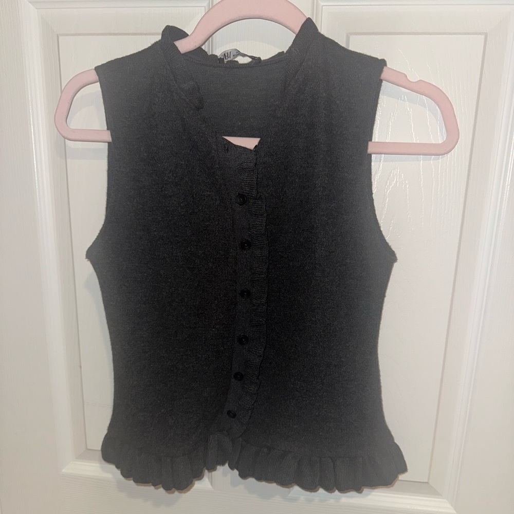 Zara Gray Knit ruffled button down Sweater vest